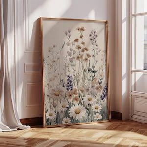 Wildflowers Framed Wall Art, Framed Vintage Floral Art Print, Botanical Canvas Art, Large Wildflowers Wall Art, Modern Farmhouse Wall Decor