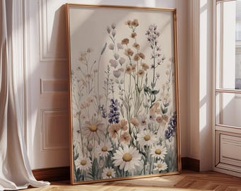 Wildflowers Framed Wall Art, Framed Vintage Floral Art Print, Botanical Canvas Art, Large Wildflowers Wall Art, Modern Farmhouse Wall Decor