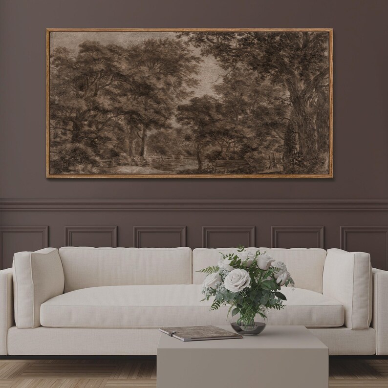 Sepia Forest Landscape Drawing Print, Vintage Woodland Scene Wall Art ...