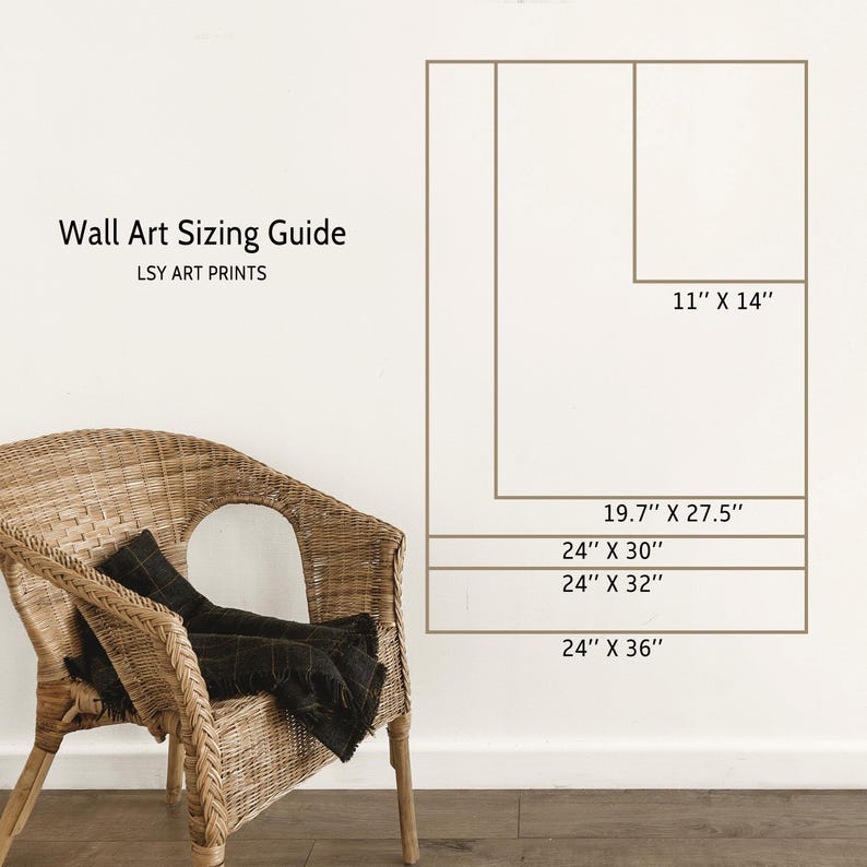 Puede incluir: Una gu&iacute;a para el tama&ntilde;o del arte de pared con diferentes tama&ntilde;os de marco listados en pulgadas. Los tama&ntilde;os incluyen 11 x 14 pulgadas, 19.7 x 27.5 pulgadas, 24 x 30 pulgadas, 24 x 32 pulgadas y 24 x 36 pulgadas.