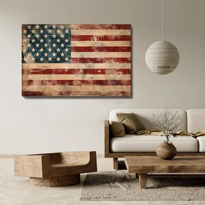 May include: A distressed American flag artwork, featuring red and white stripes and a blue field with white stars. The wooden panel has a rustic, weathered appearance, suitable for home decor.