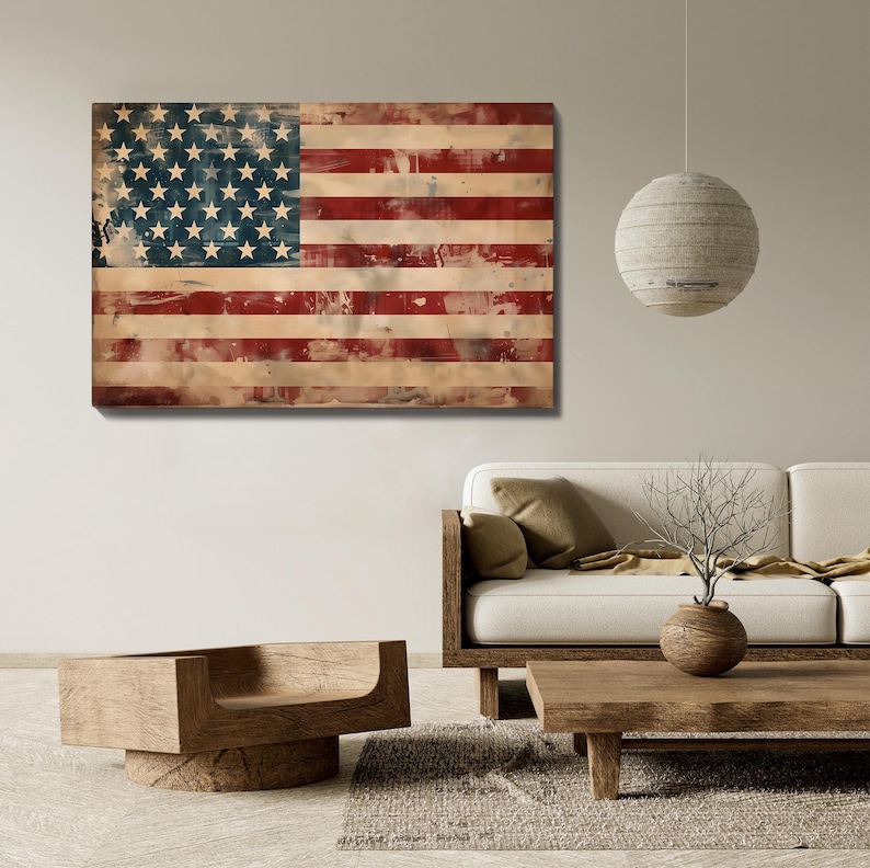 May include: A distressed American flag artwork, featuring red and white stripes and a blue field with white stars. The wooden panel has a rustic, weathered appearance, suitable for home decor.