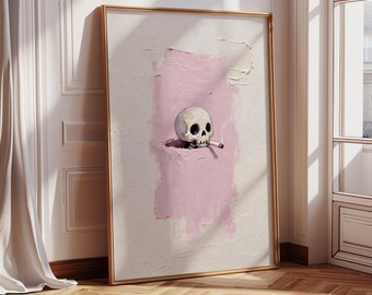 Framed Canvas Wall Art, Cute Skull with Cigarette Wall Art Print, Gothic Wall Art Painting Print, Halloween Decor
