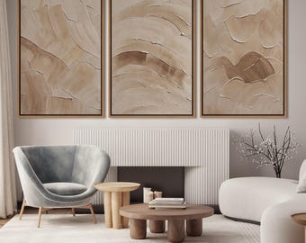 Abstract Framed Wall Art Prints Set of 3, Beige Brown Textured Abstract Painting Printed on Canvas, Modern Wall Art, Neutral Minimal Decor