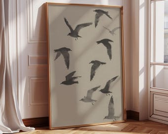 Flying Birds Framed Wall Art, Vintage Abstract Birds Drawing Print, Large Canvas Wall Art, Bird Lover Gift, Neutral Farmhouse Decor