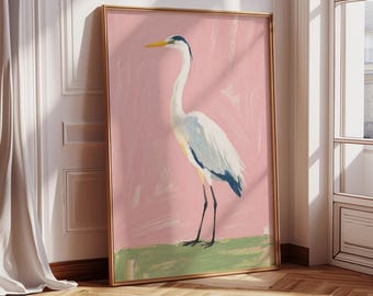 Lámina con imagen de una garza, arte mural moderno con aves costeras (descarga digital)