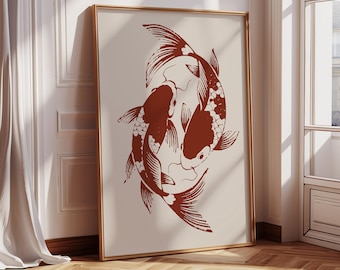 Red Koi Framed Wall Art Print, Japanese Print, Vintage Print, Trendy Wall Art, Aesthetic Wall Art, Japanese Art Print, Koi Fish Print