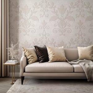 Cream Damask Peel and Stick Wallpaper, Vintage Floral Pattern Removable Wall Mural, Classic Botanical Home Decor