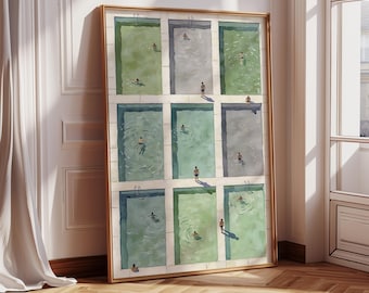 Mid Century Modern Green Retro Stripe Print: Pastel Swimmers Wall Art