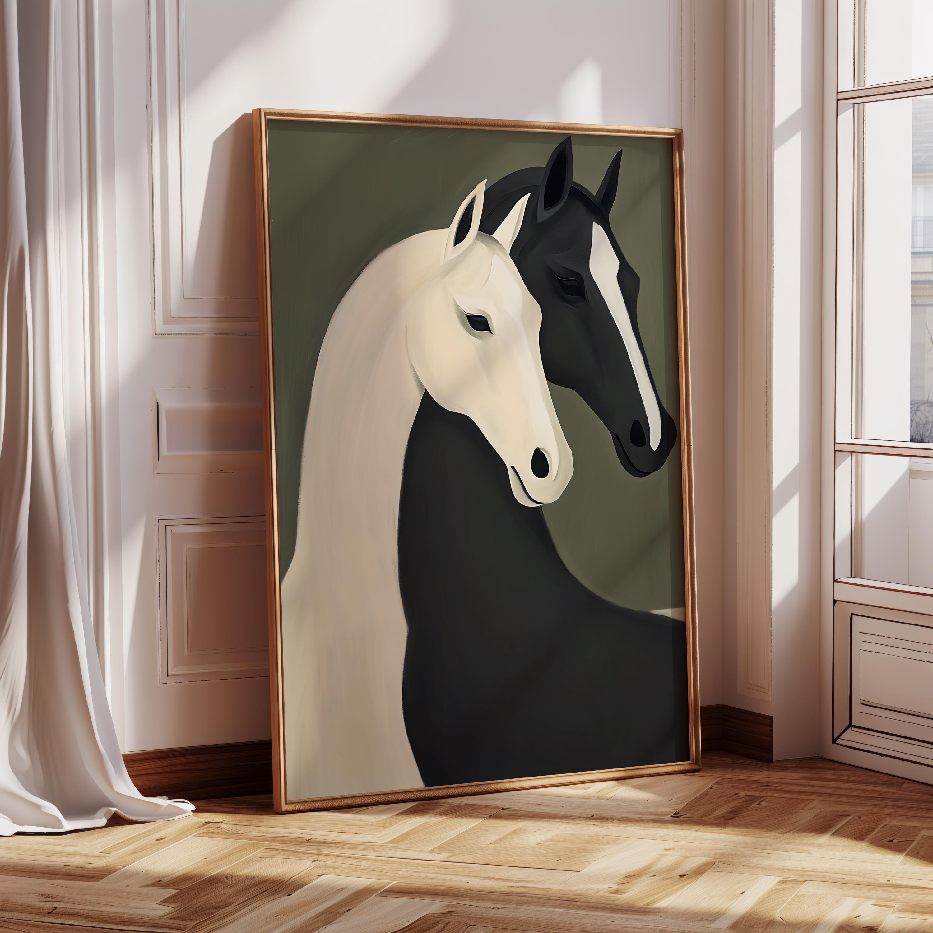 Horse Framed Wall Art, Vintage Horse Oil Painting Print, Large Canvas Wall Art, Sage Green Wall Art Print, Horse Lover Gift, Farmhouse Decor