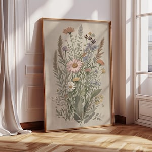 Wildflowers Framed Wall Art, Framed Vintage Floral Art Print, Botanical Canvas Art, Large Wildflowers Wall Art, Modern Farmhouse Wall Decor