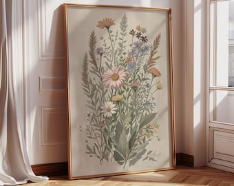 Wildflowers Framed Wall Art, Framed Vintage Floral Art Print, Botanical Canvas Art, Large Wildflowers Wall Art, Modern Farmhouse Wall Decor