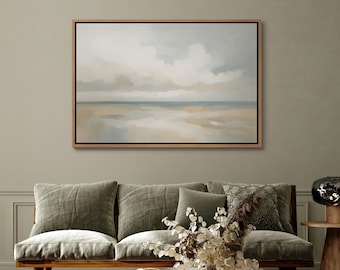 Minimalist Neutral Coastal Abstract Framed Wall Art, Soft Beige Seascape Print, Calm Modern Beach Decor