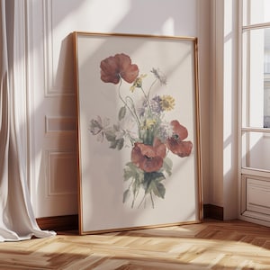 Wildflowers Framed Wall Art, Framed Vintage Floral Art Print, Botanical Canvas Art, Large Wildflowers Wall Art, Modern Farmhouse Wall Decor