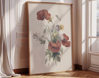 Wildflowers Framed Wall Art, Framed Vintage Floral Art Print, Botanical Canvas Art, Large Wildflowers Wall Art, Modern Farmhouse Wall Decor