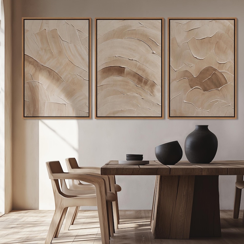Abstract Framed Wall Art Prints Set of 3, Beige Brown Textured Abstract ...