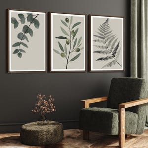 Botanical Framed Wall Art Set of 3, Watercolor Leaf Wall Art Prints, Neutral Plant Art Prints, Minimalist Modern Greenery Home Decor