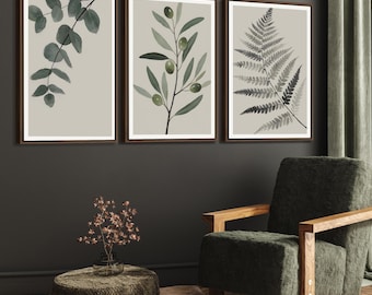 Botanical Framed Wall Art Set of 3, Watercolor Leaf Wall Art Prints, Neutral Plant Art Prints, Minimalist Modern Greenery Home Decor