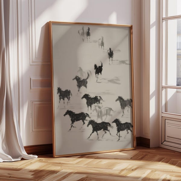 Horse Running Framed Wall Art, Vintage Abstract Horse Drawing Print, Large Canvas Wall Art, Horse Lover Gift, Neutral Farmhouse Decor