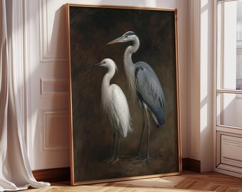 Cuadro de garza enmarcado, lámina vintage de aves para pared, lienzo grande para pared, lámina de animales, regalo de aves, decoración de pared costera