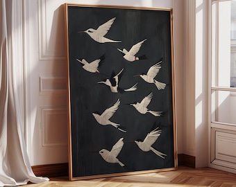 Flying Birds Framed Wall Art Black White Vintage Bird Canvas Wall Art Print Elegant Gallery Wall Art Japanese Wall Art Japandi Decor