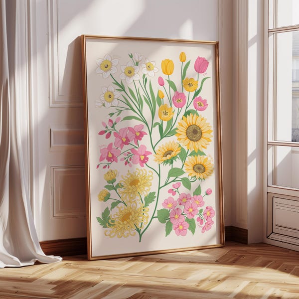 Custom Family Birth Flower Bouquet Artwork, Botanical Boho Minimalist Gift for Mom, Housewarming Gift