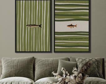 Sardines Framed Wall Art Set of 2, Retro Sardine Fish Art Print, Fish Poster, Modern Vintage Food Art, Kitchen Wall Art, Maximalist Poster