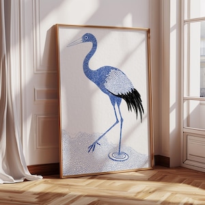 Wading Crane Framed Wall Art, Bird Canvas Wall Art, Vintage Landscape Art Print, Antique Heron Large Wall Art, Farmhouse Wall Decor