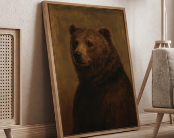 Vintage Brown Bear Portrait | Framed Canvas Print, Cabin Decor