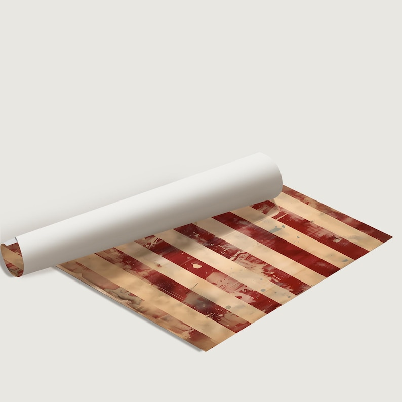 May include: A partially unrolled roll of paper with a distressed red and cream striped pattern. The stripes are diagonal and have a worn, vintage appearance. The paper is on a white background.