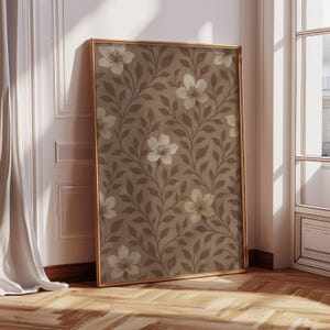 Framed Textile Wall Art Print, Vintage Brown Floral Pattern Print, Neutral Botanical Tapestry Wall Art, Rustic Cottagecore Farmhouse Decor