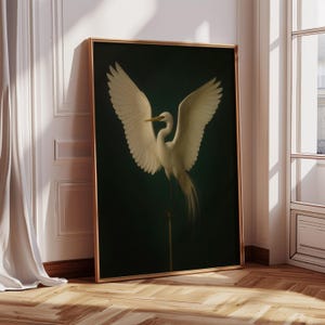 Egret Framed Wall Art, Vintage Bird Wall Art Print, Large Canvas Wall Art, Animal Art Print, Birds Lover Gift, Dark Academia Wall Decor