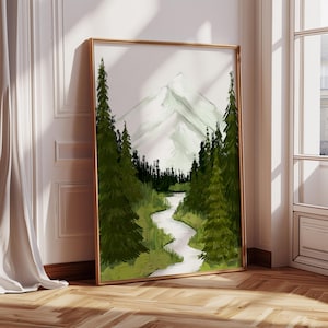 Landscape Framed Wall Art, Mountains and River Oil Painting Print, Pine Tree Forest Wall Art, Nature Wall Art Decor
