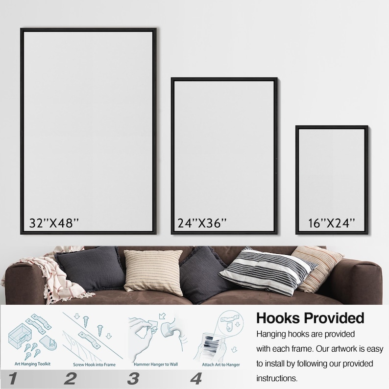 May include: Three framed artworks with black borders of varying sizes: 32"x48", 24"x36", and 16"x24". Below, a brown sofa with pillows and instructions for hanging the artwork are displayed. The text reads "Hooks Provided" and details the hanging process.