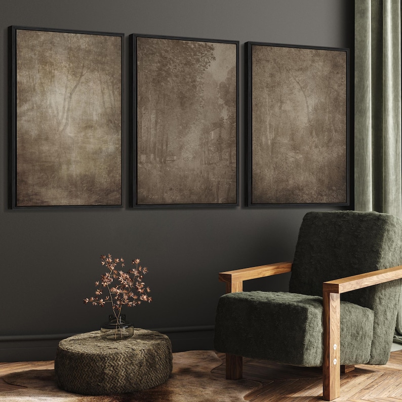 Vintage Landscape Framed Wall Art Set of 3, Antique Trees Canvas Prints ...