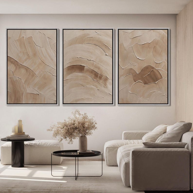 Abstract Framed Wall Art Prints Set of 3, Beige Brown Textured Abstract ...