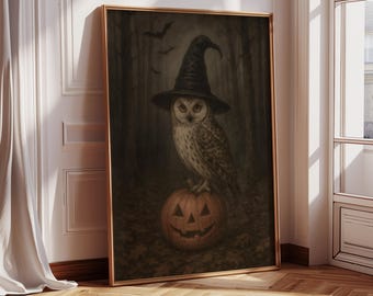 Halloween Owl Framed Wall Art, Spooky Owl with Witch Hat and Pumpkin Print, Dark Academia Gothic Decor, Owl Lovers Gift
