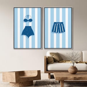 Retro Swimsuits Framed Wall Art, Blue Striped Vintage Bikini & Swimming Trunks Art Print, Beach Bathroom Decor, Summer Coastal Print