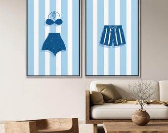 Retro Swimsuits Framed Wall Art, Blue Striped Vintage Bikini & Swimming Trunks Art Print, Beach Bathroom Decor, Summer Coastal Print