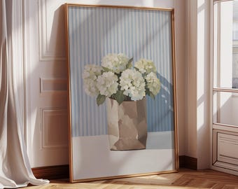 White Hydrangea Flower Framed Wall Art, Modern Southern Floral Art Feminine Botanical Decor, Hydrangea Painting Print, Blue Green Decor