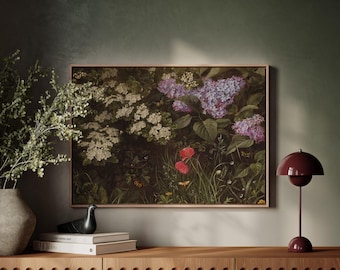 Moody Floral Framed Canvas Wall Art, Vintage Botanical Print, Dark Academia Decor