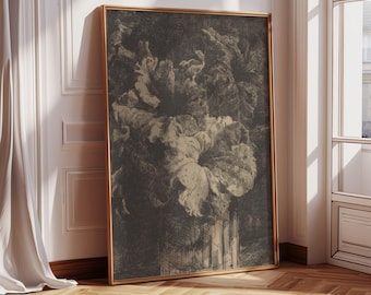 Moody Flower Framed Wall Art, Vintage Sketch Floral Botanical Canvas Wall Art Print, Dark Floral Decor, Dark Academia Aesthetic Wall Art