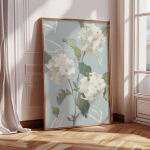 White Hydrangea Flower Framed Wall Art, Modern Southern Floral Art Feminine Botanical Decor, Hydrangea Painting Print, Blue Green Decor