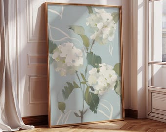White Hydrangea Flower Framed Wall Art, Modern Southern Floral Art Feminine Botanical Decor, Hydrangea Painting Print, Blue Green Decor