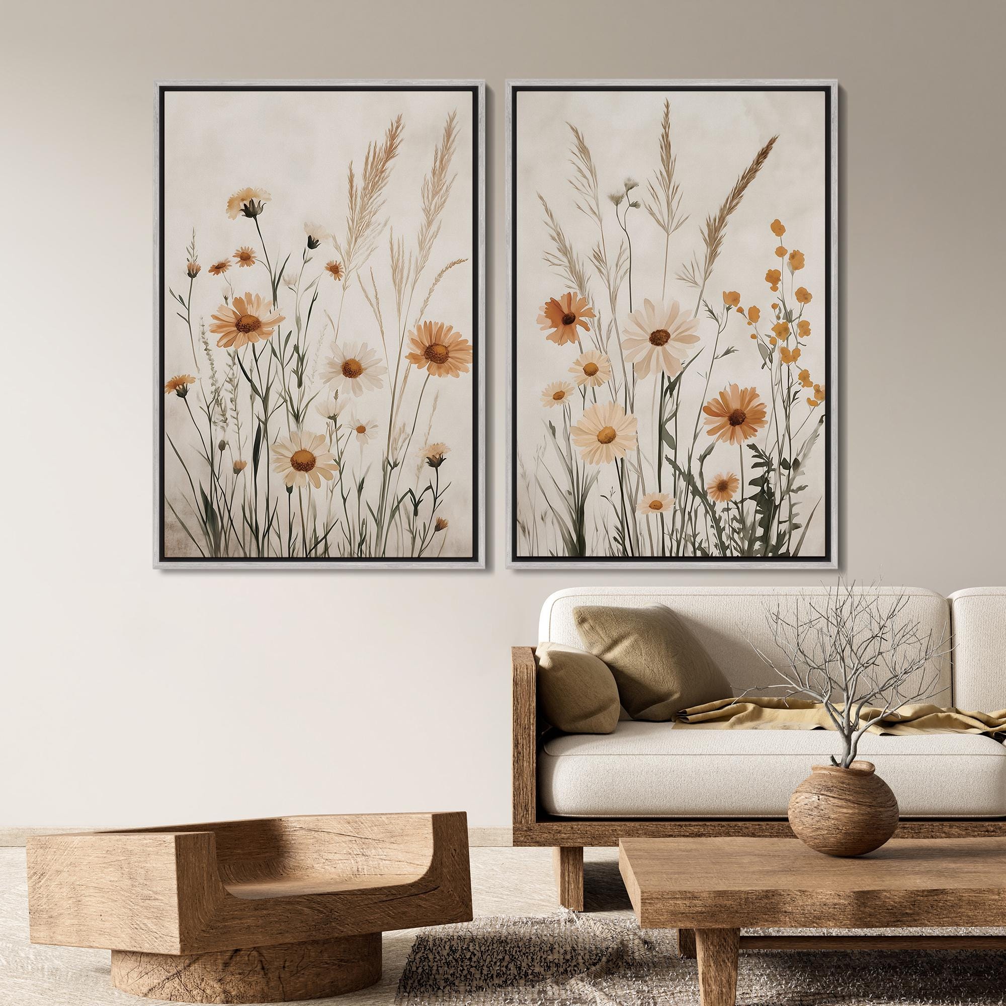 Boho Wildflowers Framed Wall Art Set of 2, Minimalist Botanical Floral ...
