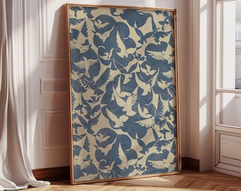 Vintage Bird Tapestry Wall Art, Framed Textile Animal Print, Large Canvas Wall Decor, Flying Birds Wall Hanging, Farmhouse Rustic Home Decor