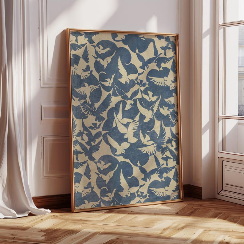 Vintage Bird Tapestry Wall Art, Framed Textile Animal Print, Large Canvas Wall Decor, Flying Birds Wall Hanging, Farmhouse Rustic Home Decor image 1