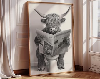 Highland Cow Framed Wall Art, Funny Highland Cow Canvas Print, Cow on Toilet Large Canvas Wall Art, Funny Bathroom Decor