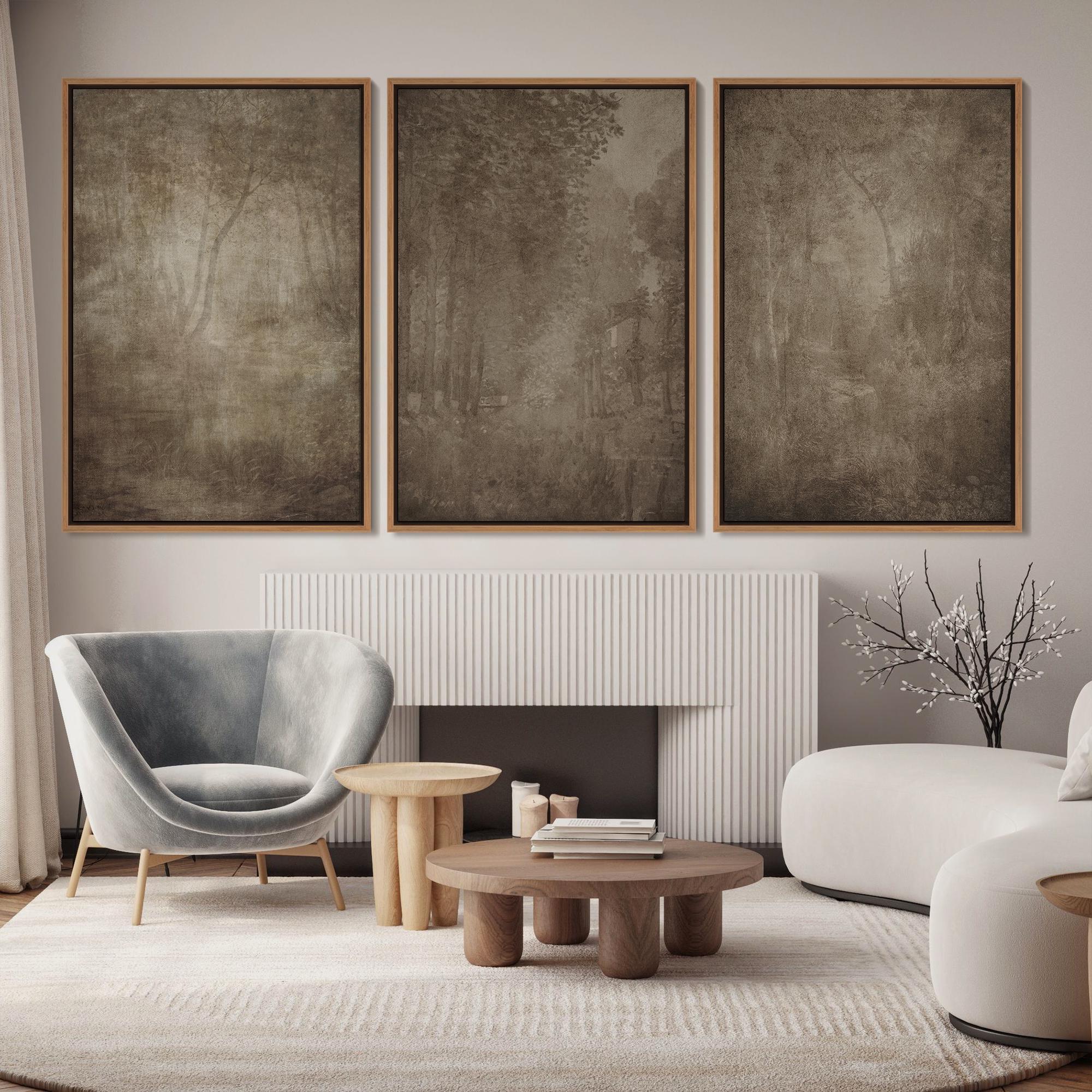 Vintage Tree Landscape Wall Art Set of 3, Rustic Framed Canvas Prints, Neutral Farmhouse Decor, Antique Nature Painting Trio
