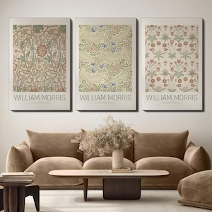 Puede incluir: Tres impresiones enmarcadas con patrones florales en tonos verdes, marrones y rosas. Cada impresi&oacute;n presenta el texto "WILLIAM MORRIS" en la parte inferior.
